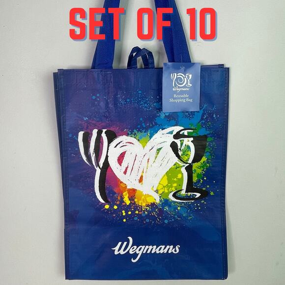 Set of 10 Wegmans Blue Rainbow Heart Reusable Grocery Tote Bag w/ Liner NWT NEW! - Picture 1 of 11